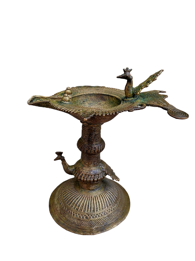 Old Dokara Style Oil Lamp Bird Carved