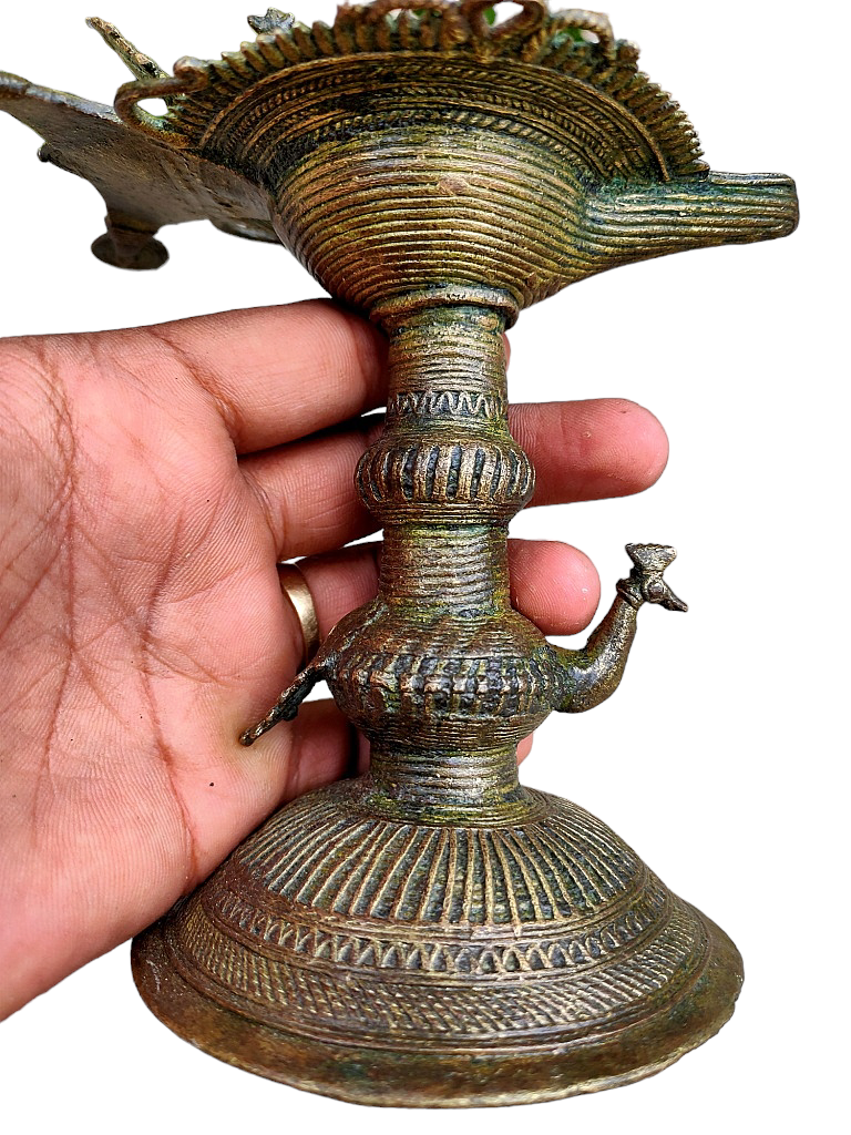 Old Dokara Style Oil Lamp Bird Carved