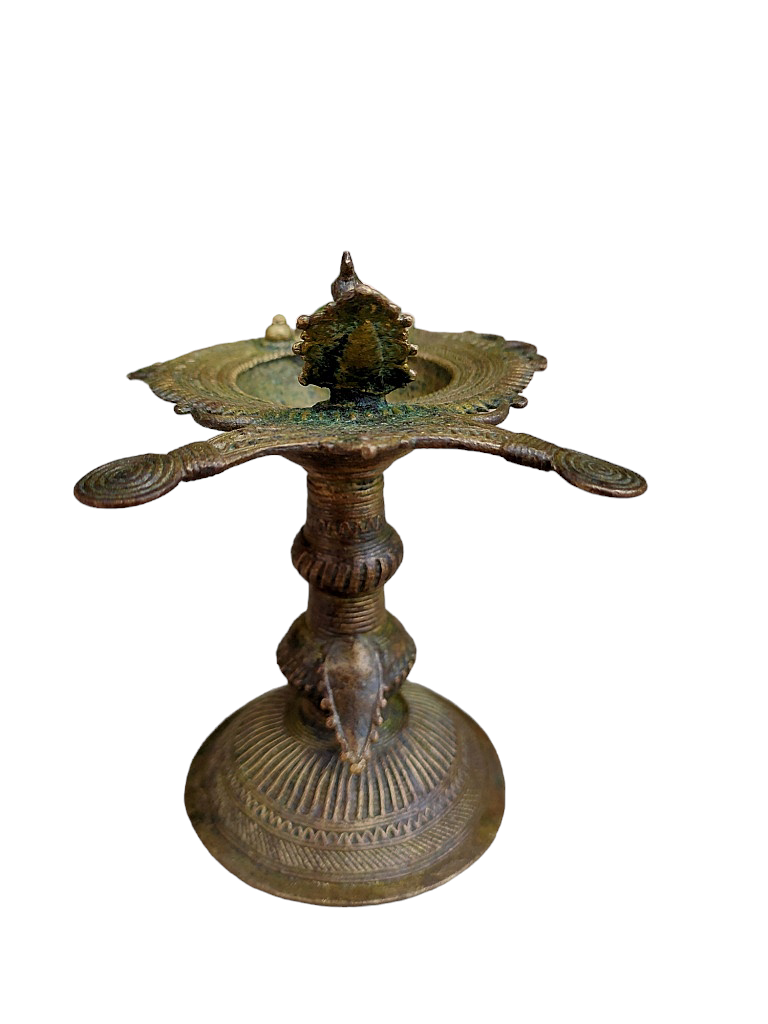 Old Dokara Style Oil Lamp Bird Carved