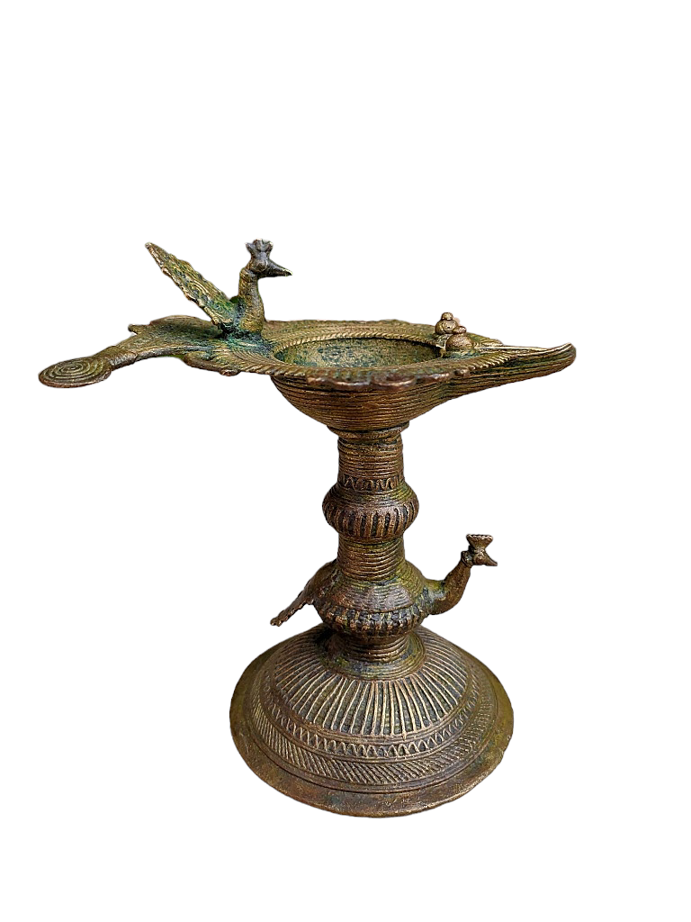 Old Dokara Style Oil Lamp Bird Carved