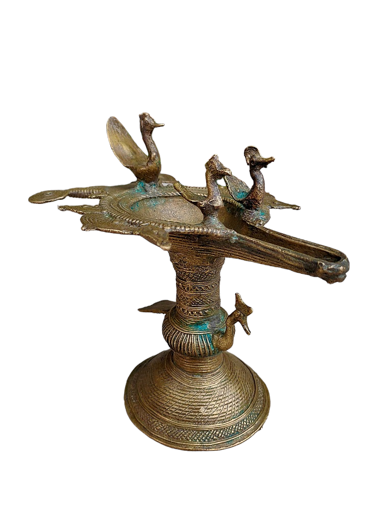 Old Dokara Style Oil Lamp Bird Carved