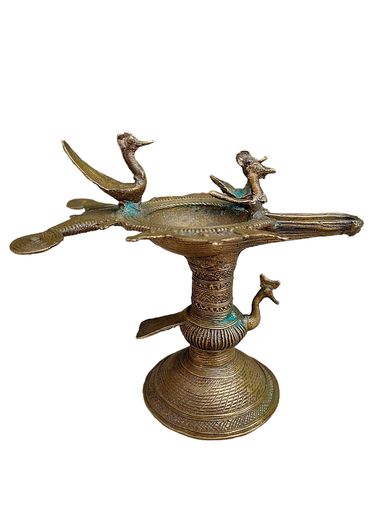 Old Dokara Style Oil Lamp Bird Carved