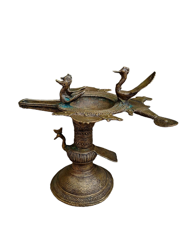 Old Dokara Style Oil Lamp Bird Carved