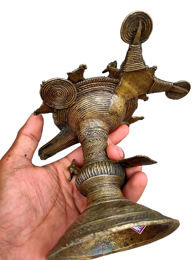 Old Dokara Style Oil Lamp Bird Carved