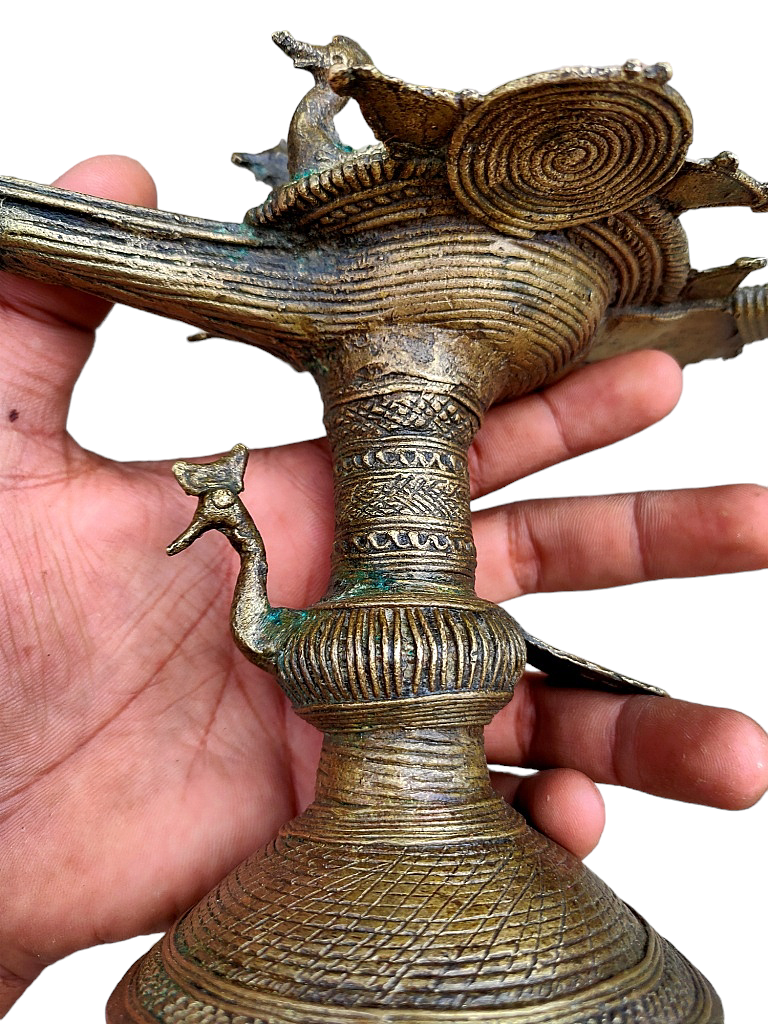 Old Dokara Style Oil Lamp Bird Carved