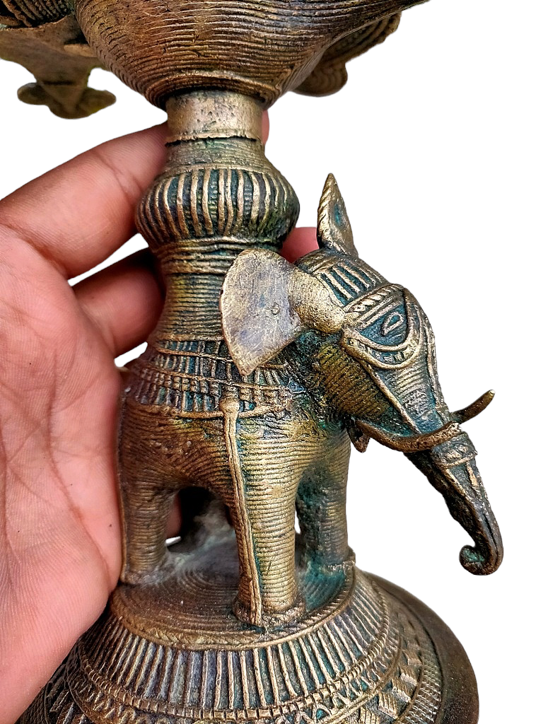 Old Dokara Style Oil Lamp Elephant Carved