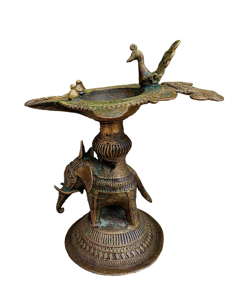 Old Dokara Style Oil Lamp Elephant Carved