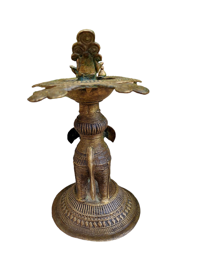 Old Dokara Style Oil Lamp Elephant Carved