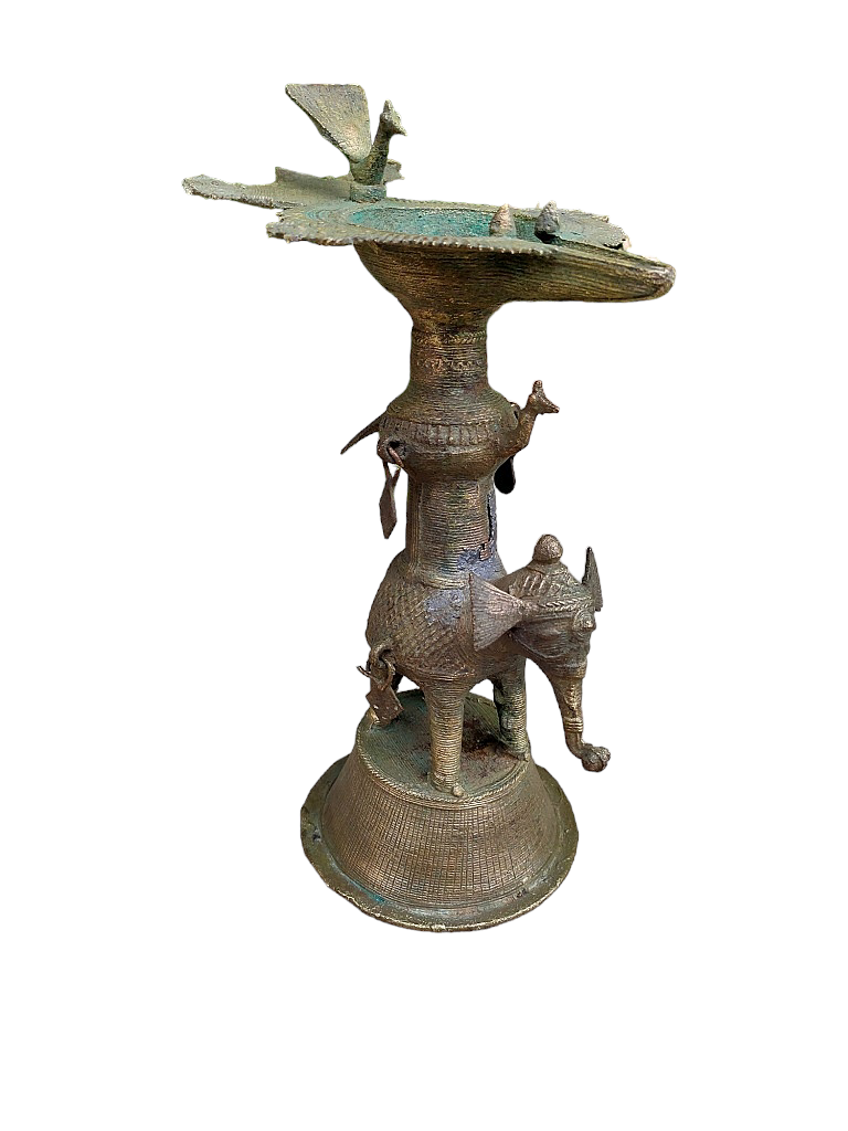 Old Dokara Style Oil Lamp Elephant Carved