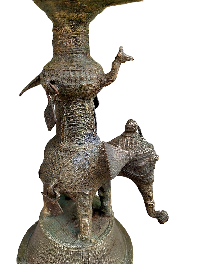 Old Dokara Style Oil Lamp Elephant Carved