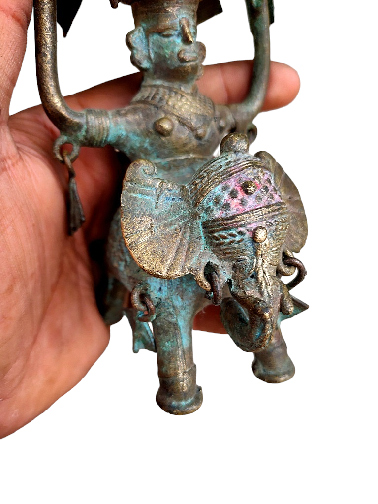 Old Dokara Style Oil Lamp Elephant Carved