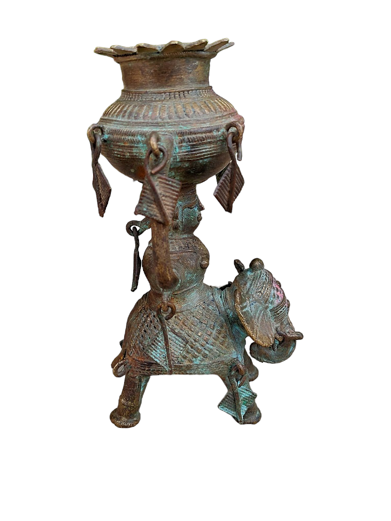 Old Dokara Style Oil Lamp Elephant Carved