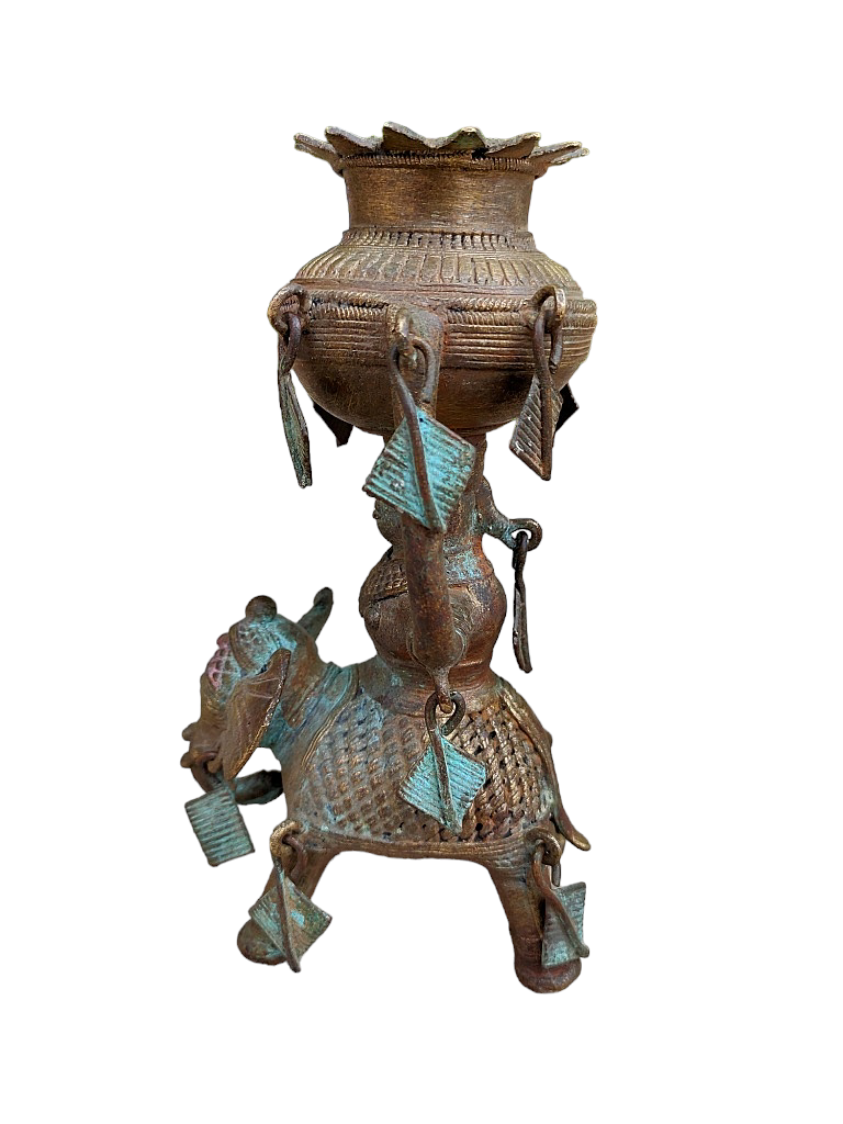 Old Dokara Style Oil Lamp Elephant Carved