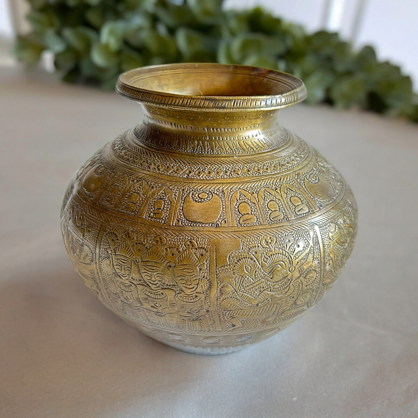 South Indian Gods Carved Antique Brass Pot / Lota / Kalash