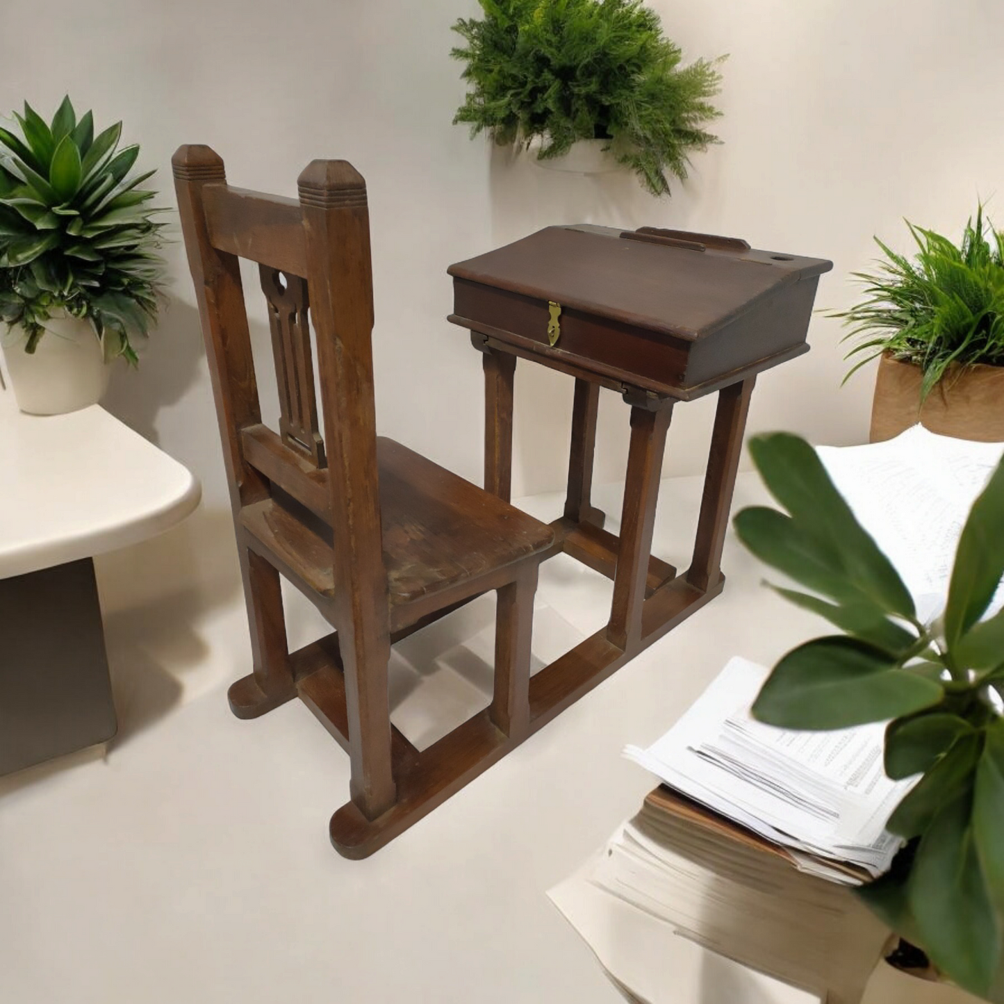 Antique Wooden Study Table Chair With Desk Drawer