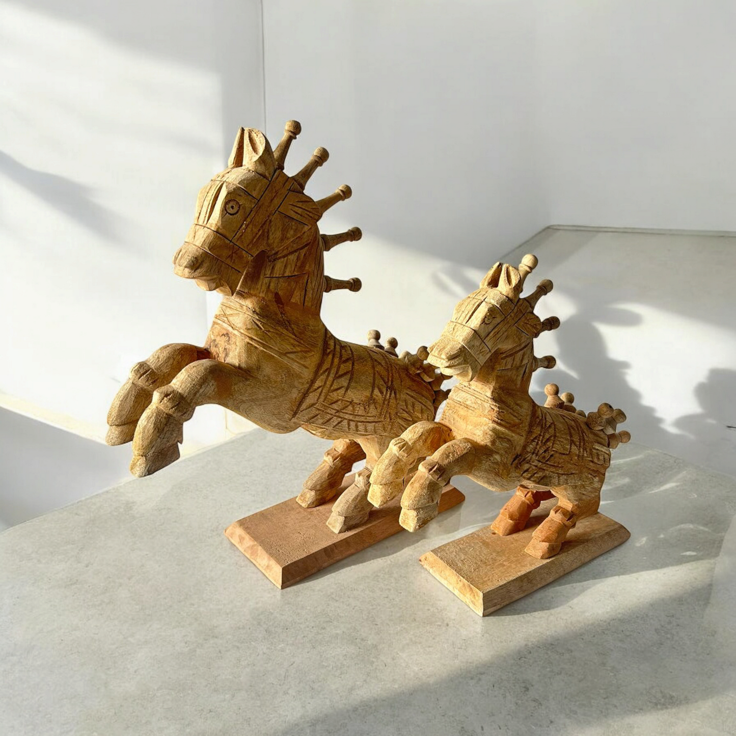 Wooden Hand Carved Horse On Stand (Set of 2)