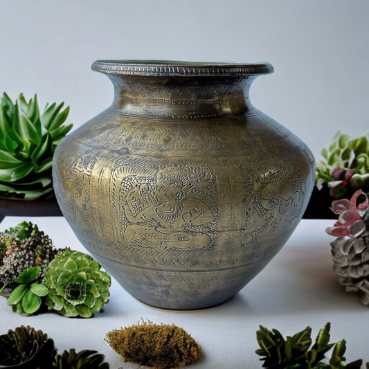 Antique Brass Hindu God Carved Plater Pot