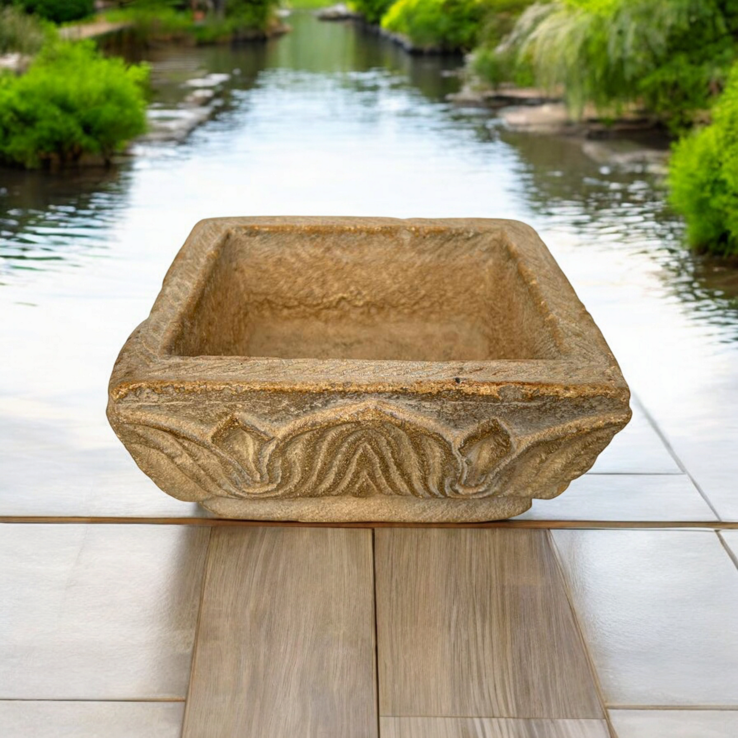 Antique Flower Carved Stone Planter Pot