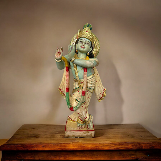 Old Hindu God Krishna Marble Stone Statue Hand Painted