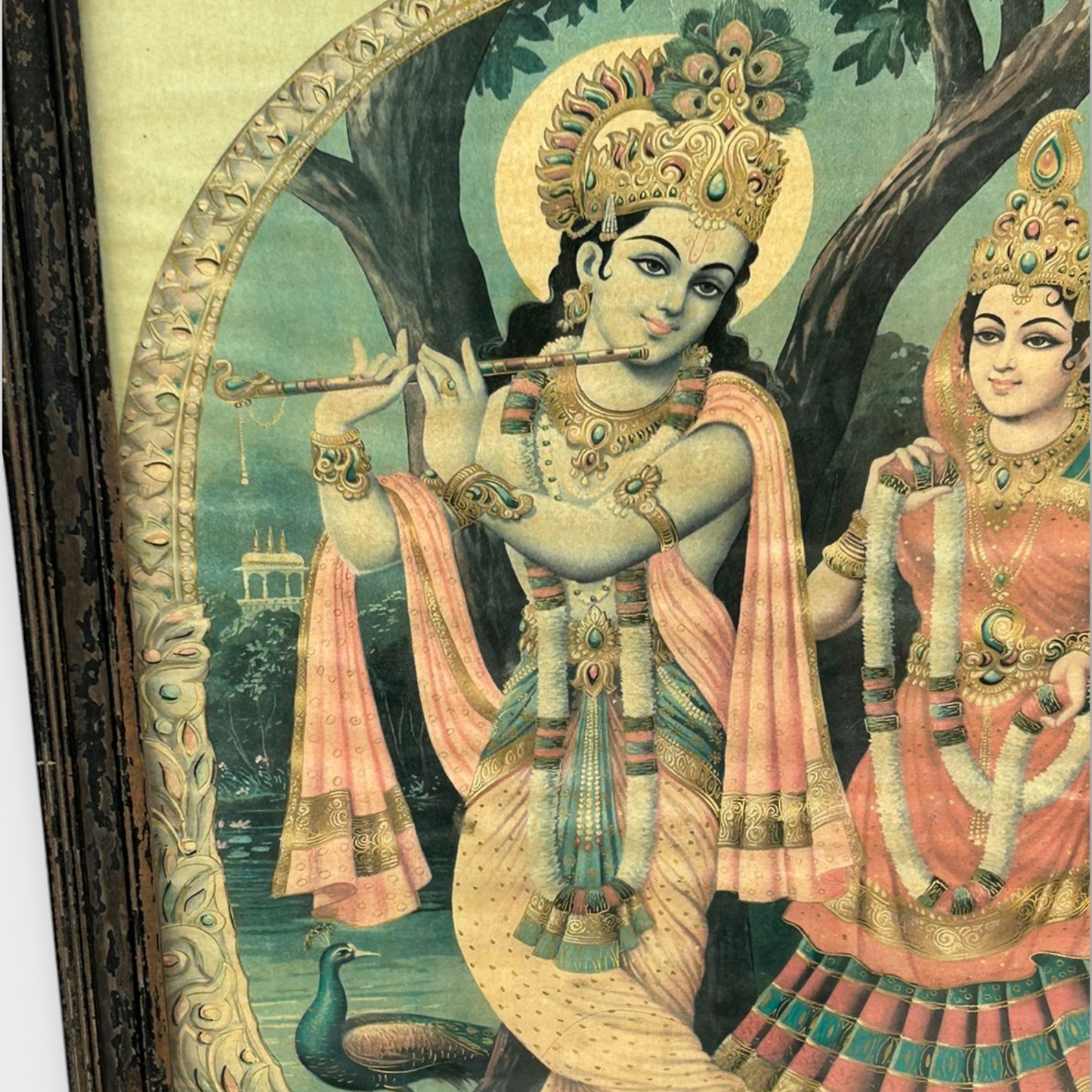 Vintage Hindu God Krishna, Goddess Radha Print Framed