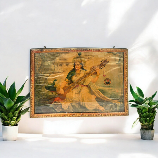 Vintage Hindu  Goddess Saraswati Print Framed