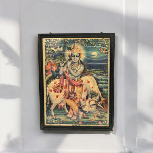 Vintage Hindu God Krishna Print Framed