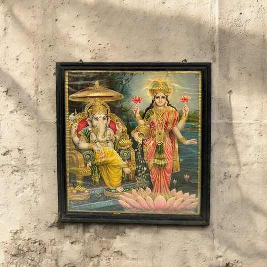 Vintage Hindu God Ganesh, Goddess Laxmi Print Framed