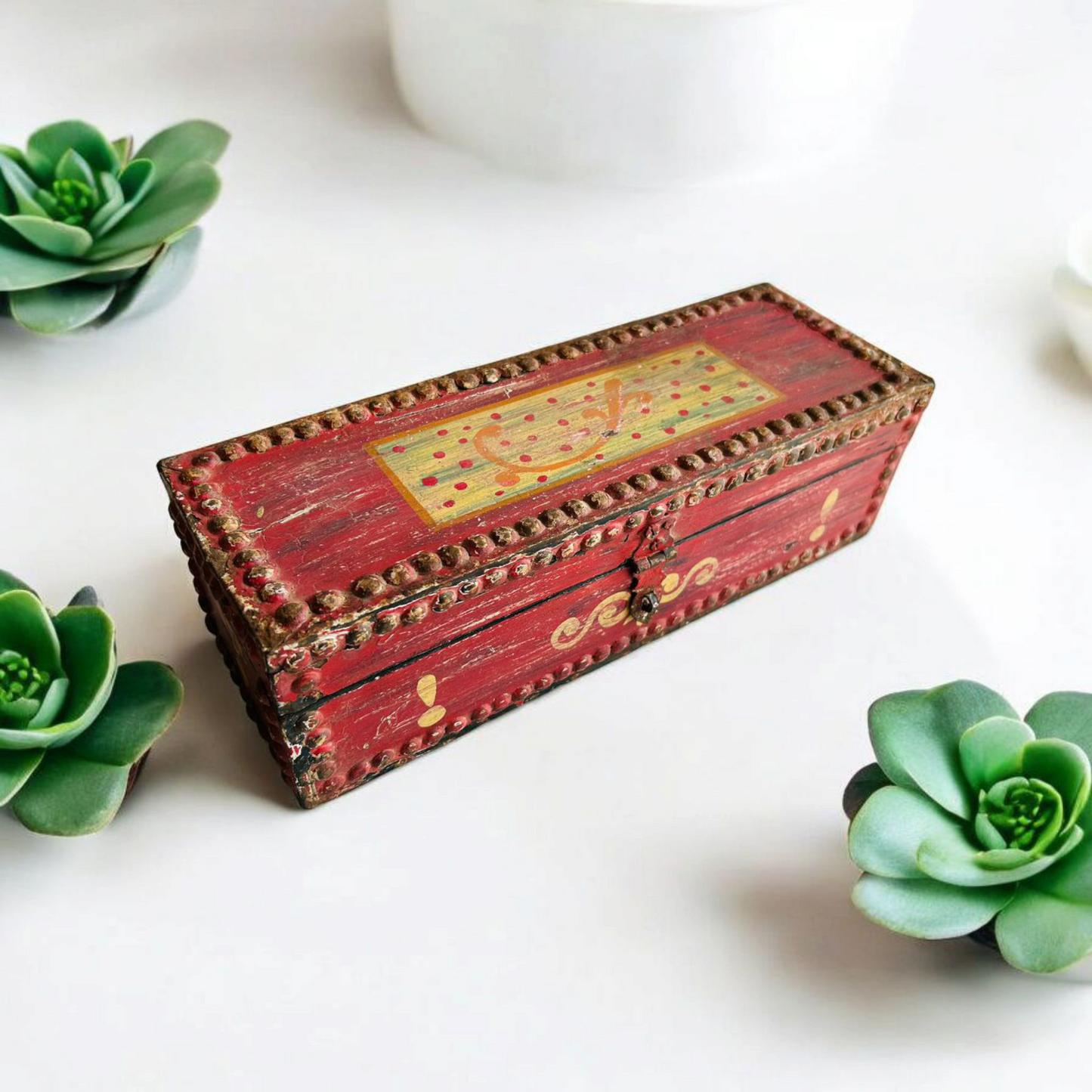 Vintage Hand Painted Wooden Box /Pencil Box /Old Hand Crafted  Painting Brush Box