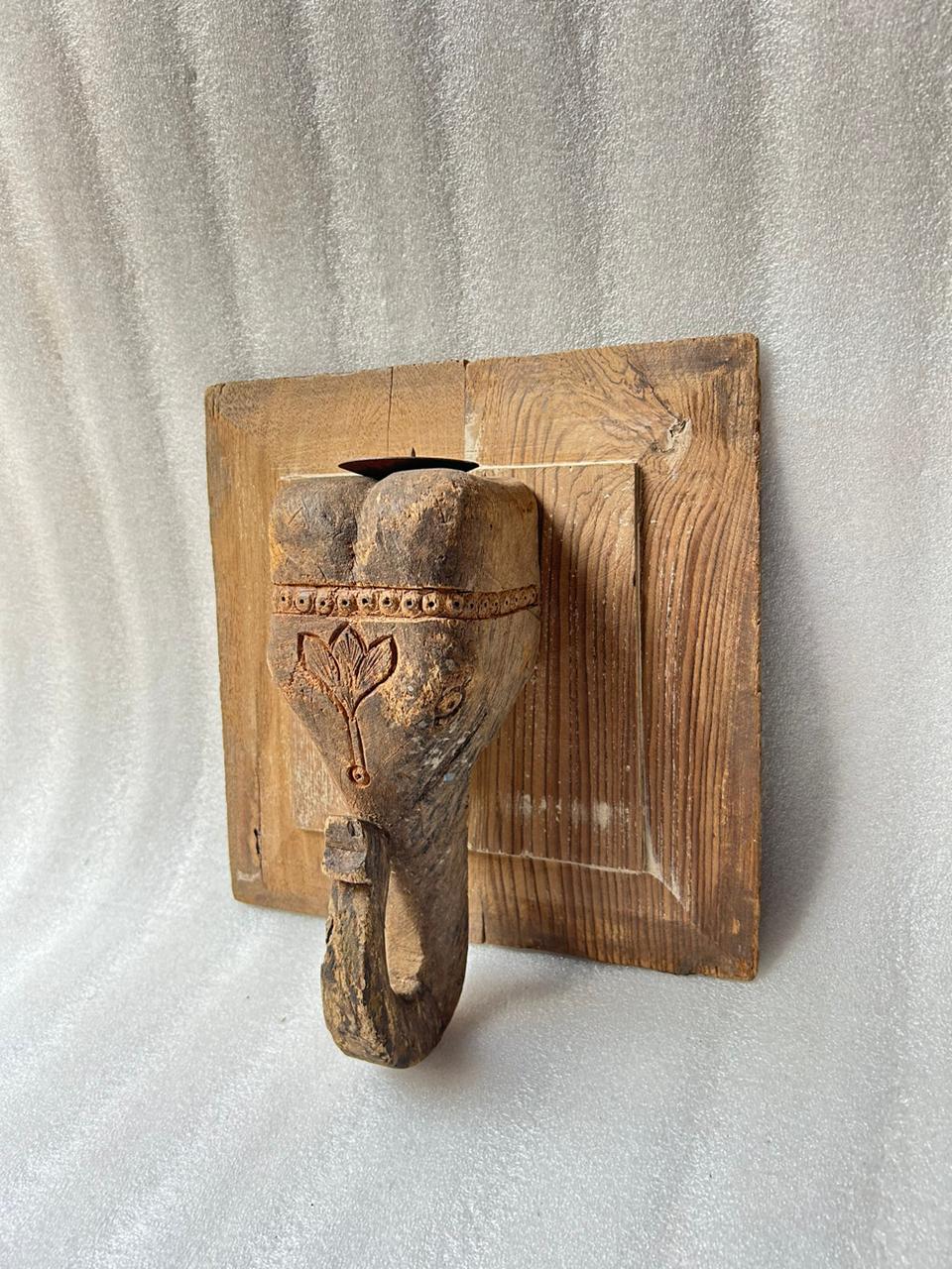 Elephant Carved Wooden Wall Hanging Candle Holder