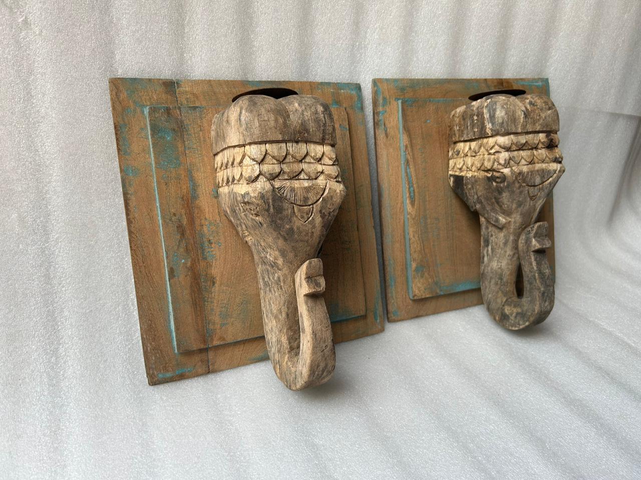 Elephant Carved Wooden Wall Hanging Candle Holder